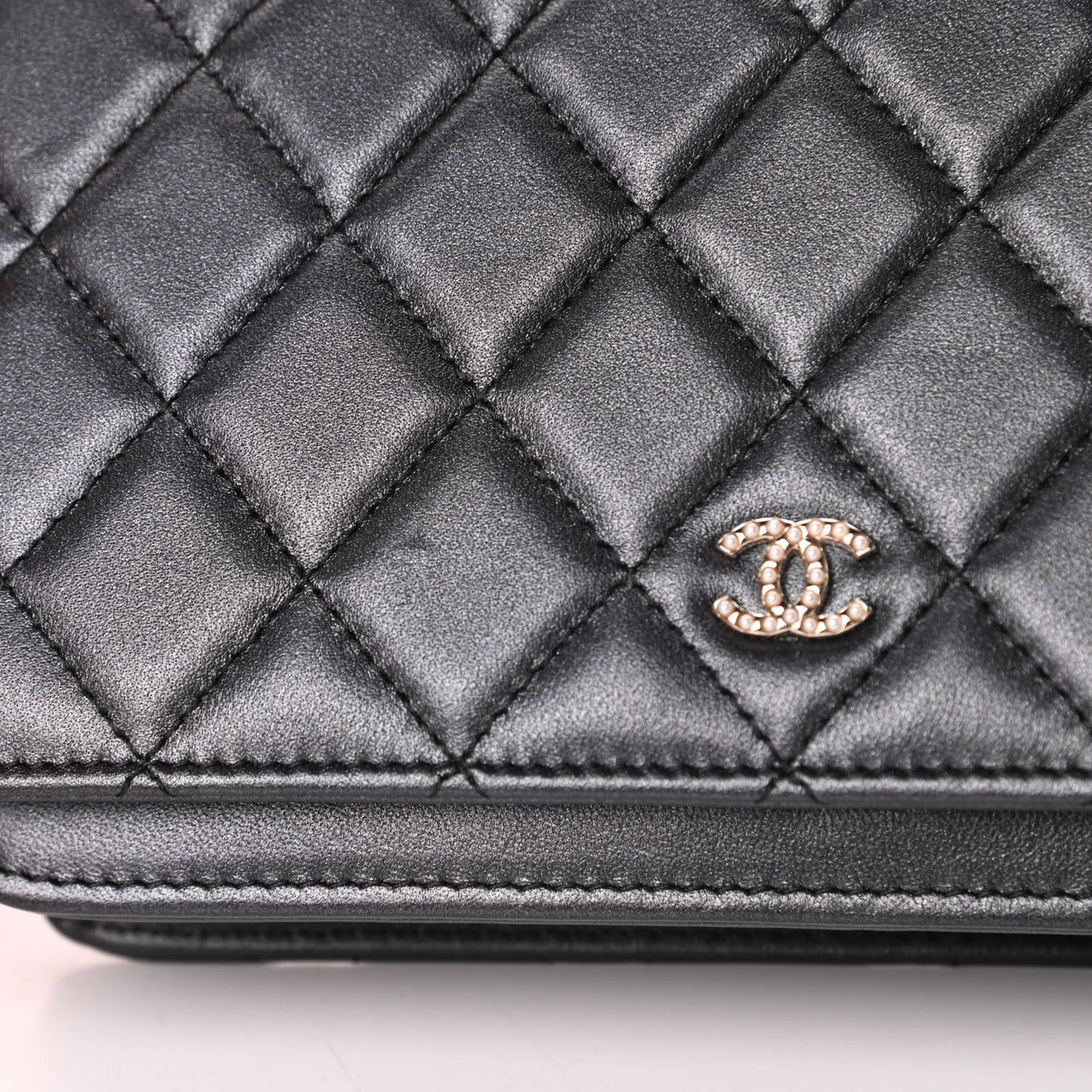 Iridescent Lambskin Quilted Pearl Wallet On Chain WOC Black