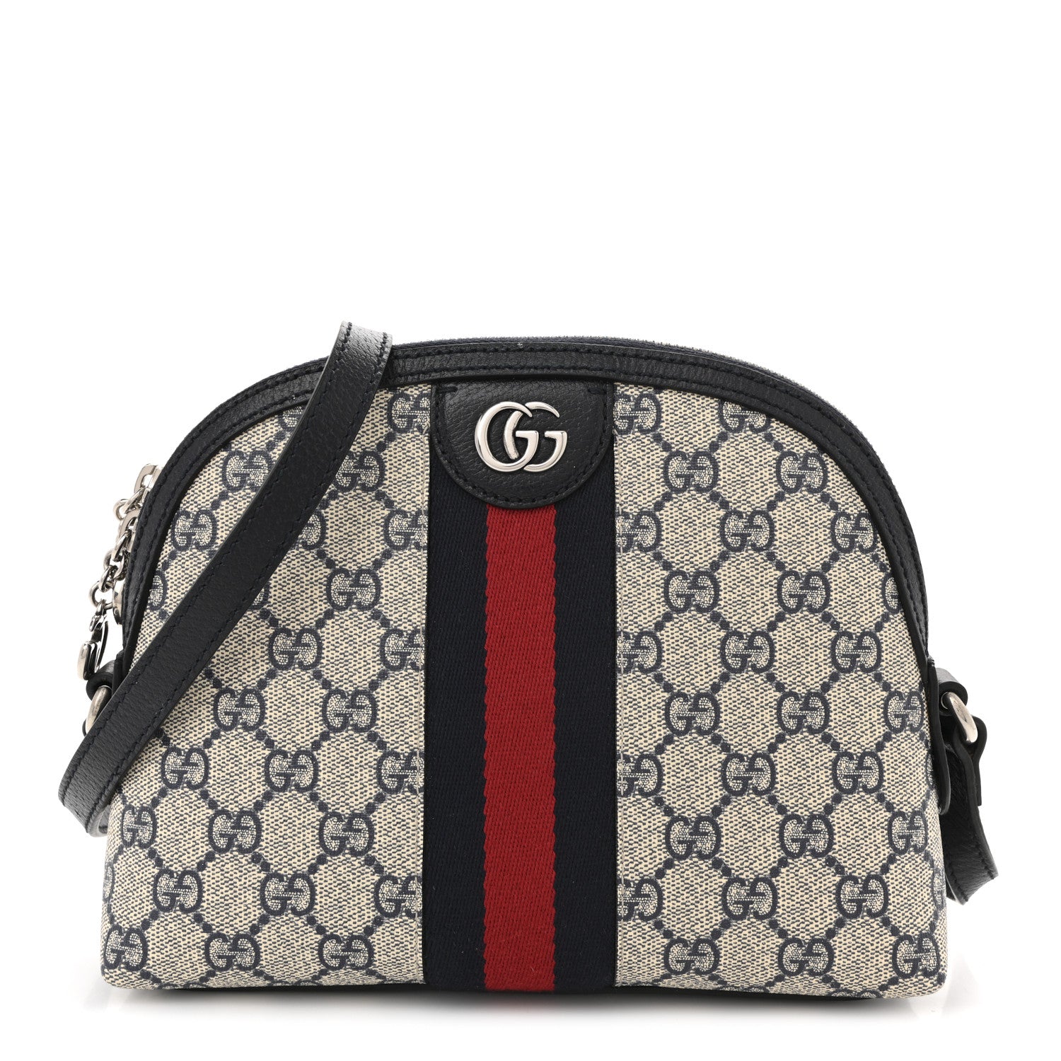 Gucci GG Supreme Monogram Textured Dollar Calfskin Web Small Ophidia Dome Shoulder Bag Beige Blue 1 of 13