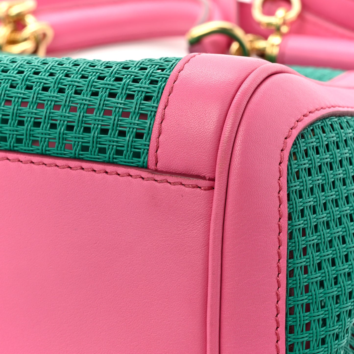 Woven Raffia Calfskin Large Miss Sicily Satchel Green Pink