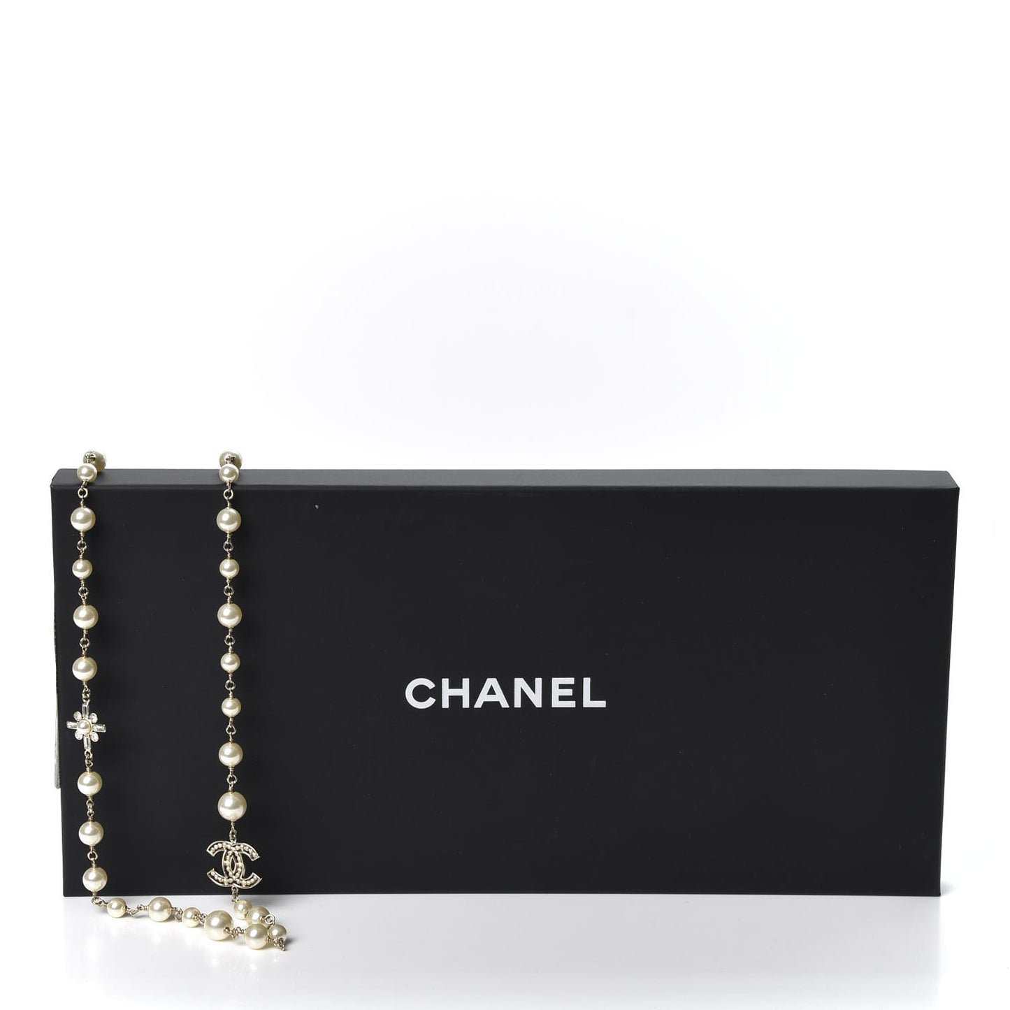 Crystal Pearl CC Long Necklace Silver