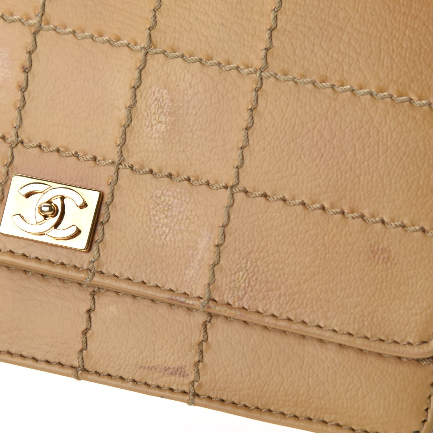 Calfskin Stitched Square Quilted Wallet On Chain WOC Beige