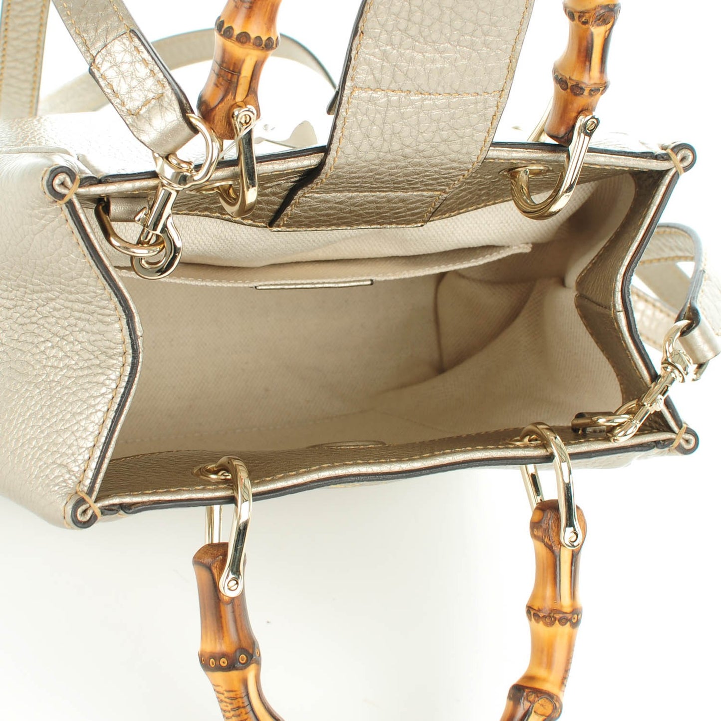 Metallic Calfskin Mini Bamboo Shopper Tote Golden Beige