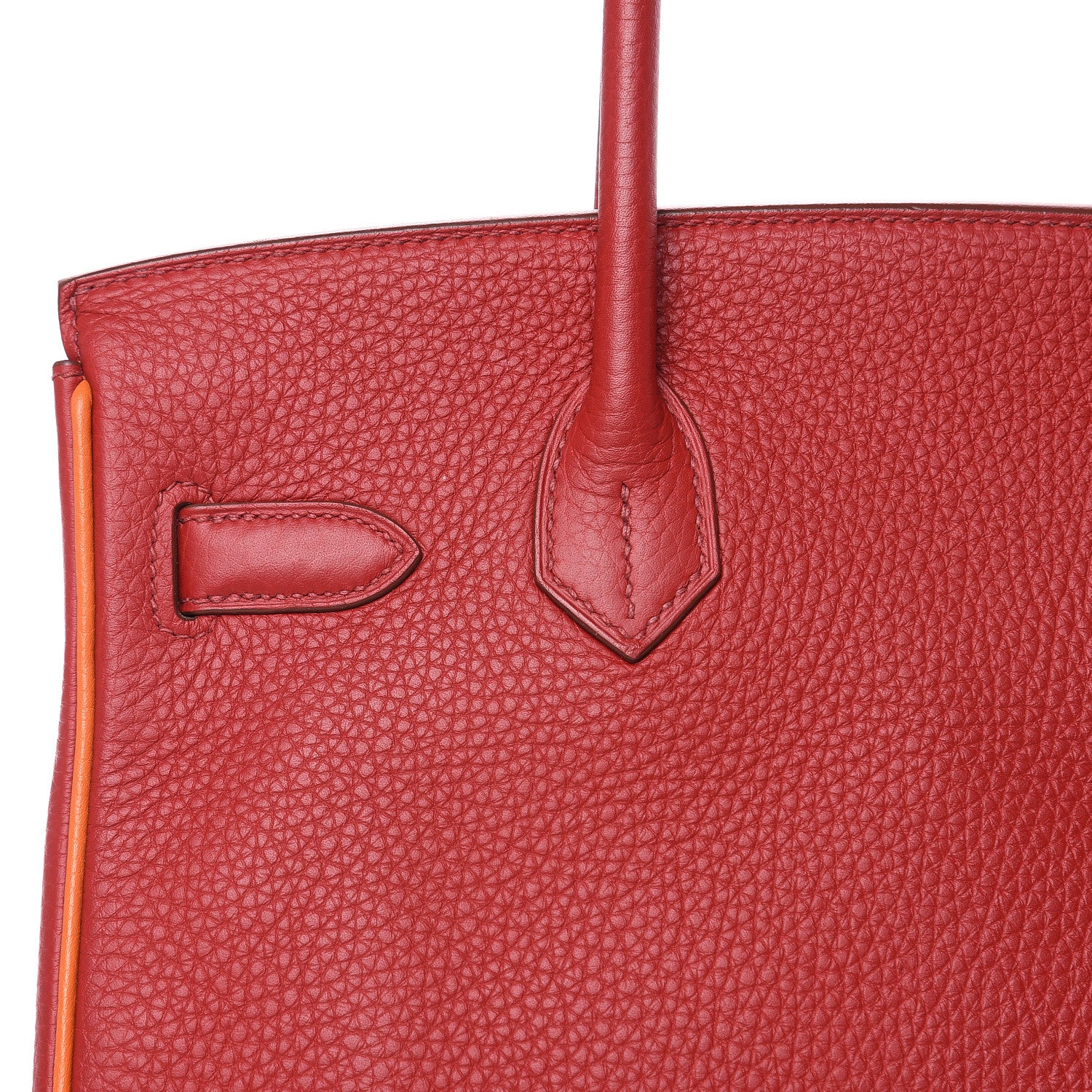 Hermes Taurillon Clemence Horseshoe Bi-Color Birkin 30 Rouge Garance and Orange 25 of 28