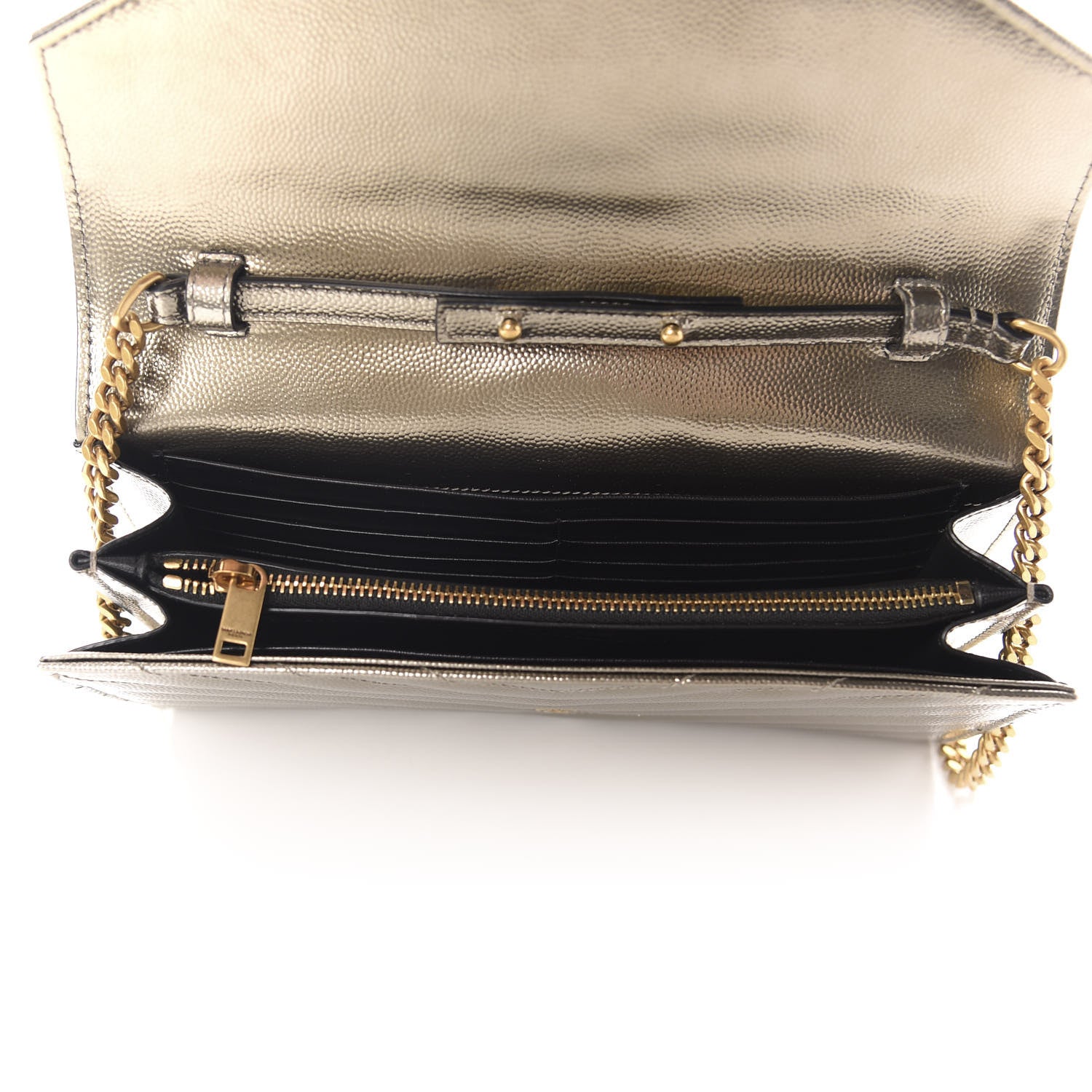 Saint Laurent Metallic Grain De Poudre Matelasse Chevron Monogram Chain Wallet Piombo 5 of 12
