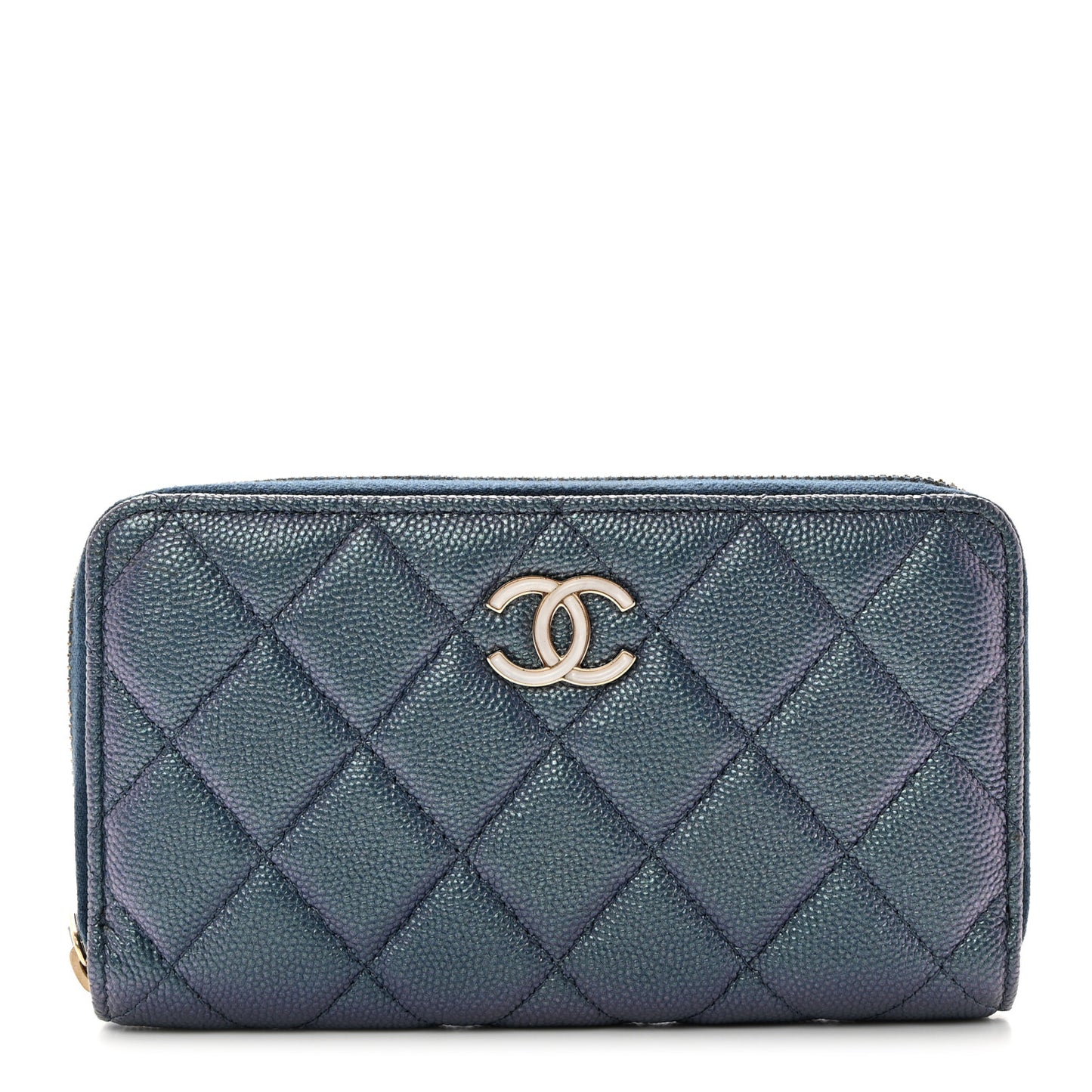 Iridescent Caviar Quilted Medium Zip Around Wallet Dark Blue