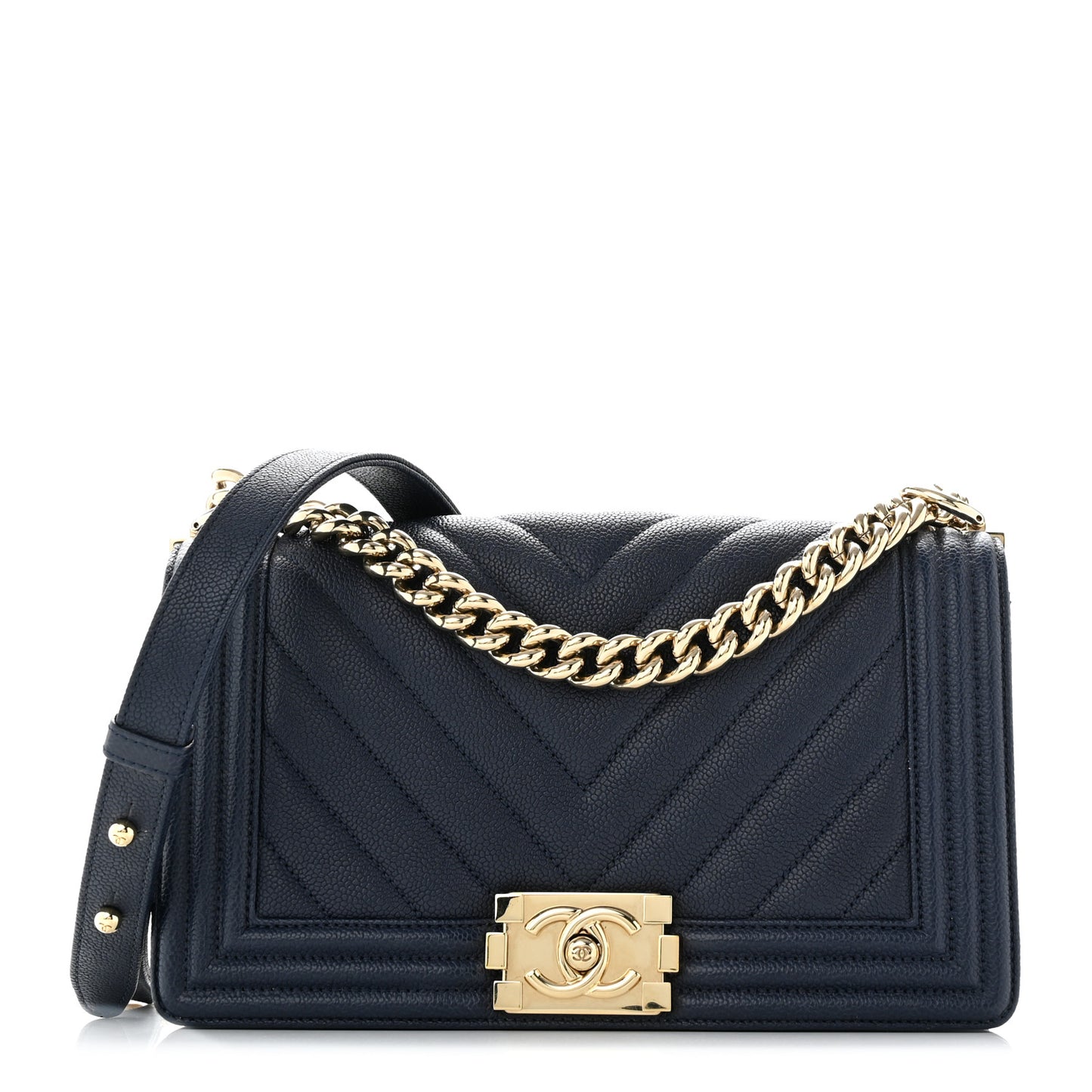 Caviar Chevron Quilted Medium Boy Flap Navy