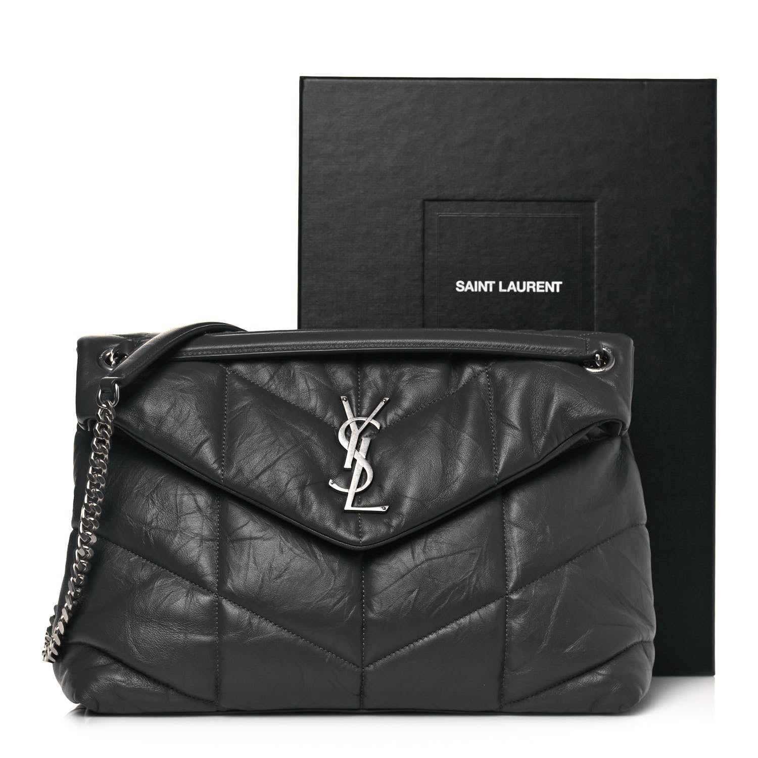 Saint Laurent Calfskin Quilted Medium Loulou Puffer Monogram Chain Satchel Storm 14 of 14