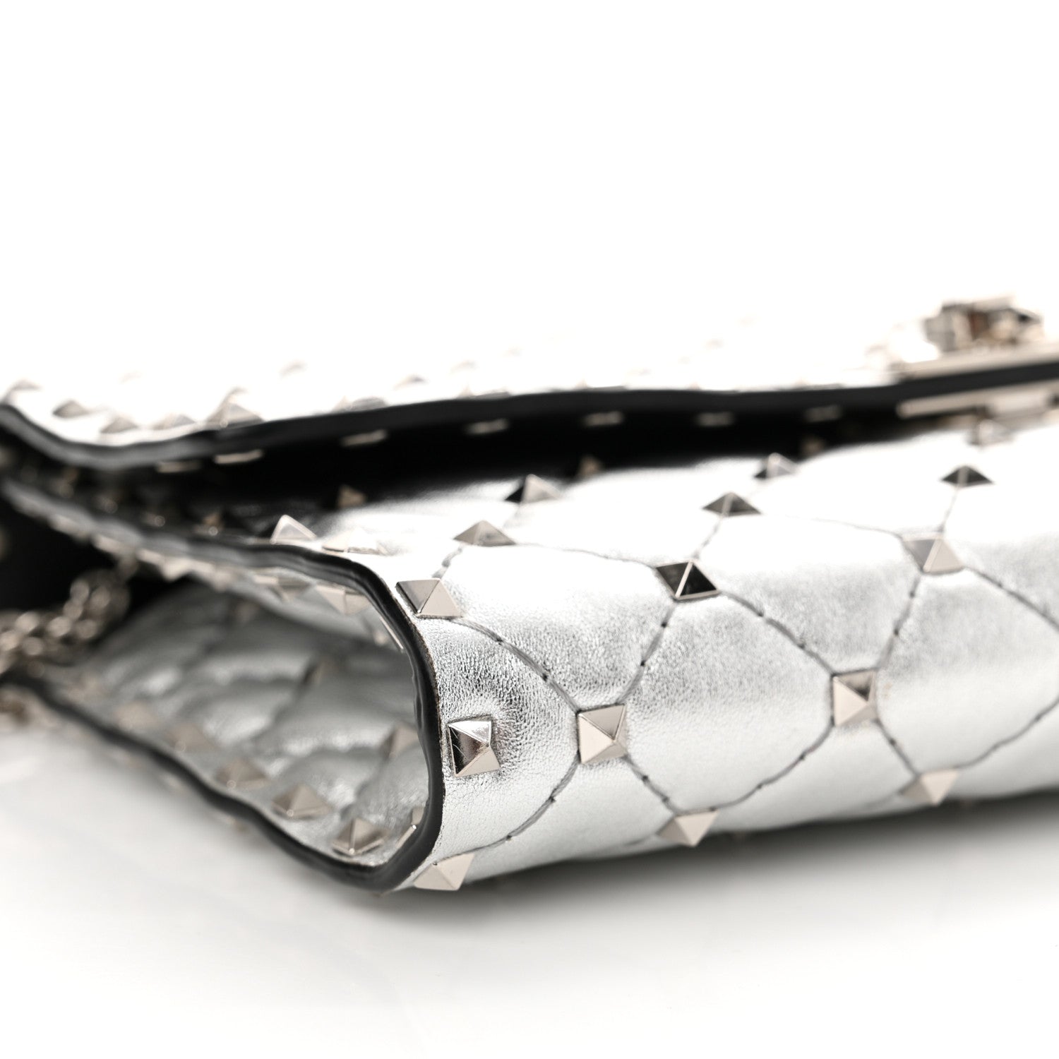 Valentino Garavani Metallic Lambskin Rockstud Spike Wallet on Chain Silver 8 of 11
