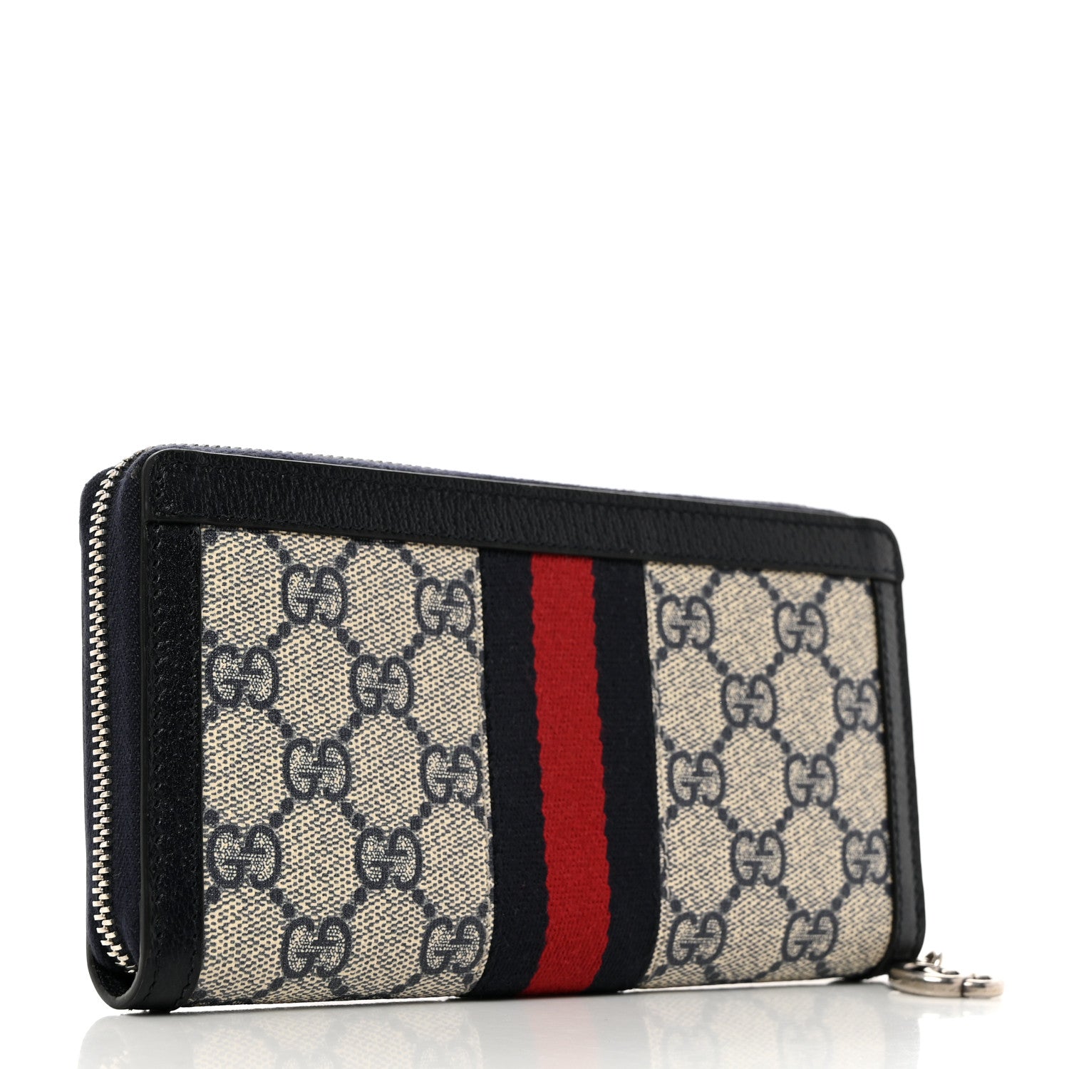 Gucci GG Supreme Monogram Textured Dollar Calfskin Web Ophidia Zip Around Wallet Beige Blue 3 of 8