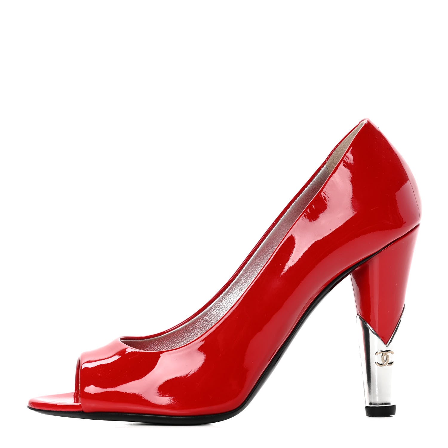Chanel Patent Open Toe CC Pumps 38 Red 1 of 10