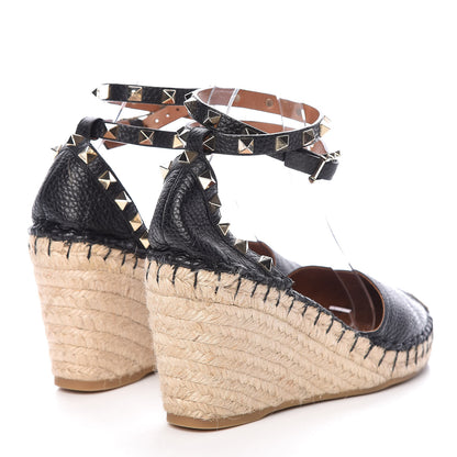 Valentino Garavani Grained Calfskin Rockstud Ankle Wrap Espadrille 15/85mm Wedges 39 Black Light Cuir 4 of 8