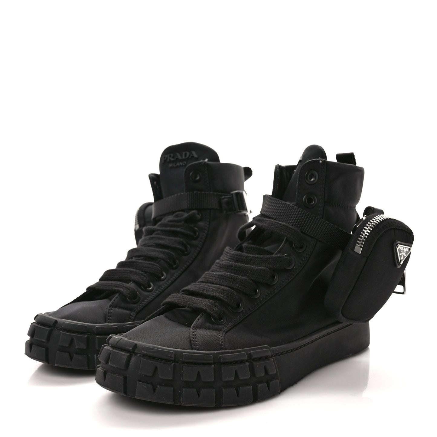 Re-Nylon Gabardine Metal Triangle Logo Wheel Pouch Pocket High Top Sneakers 37.5 Black