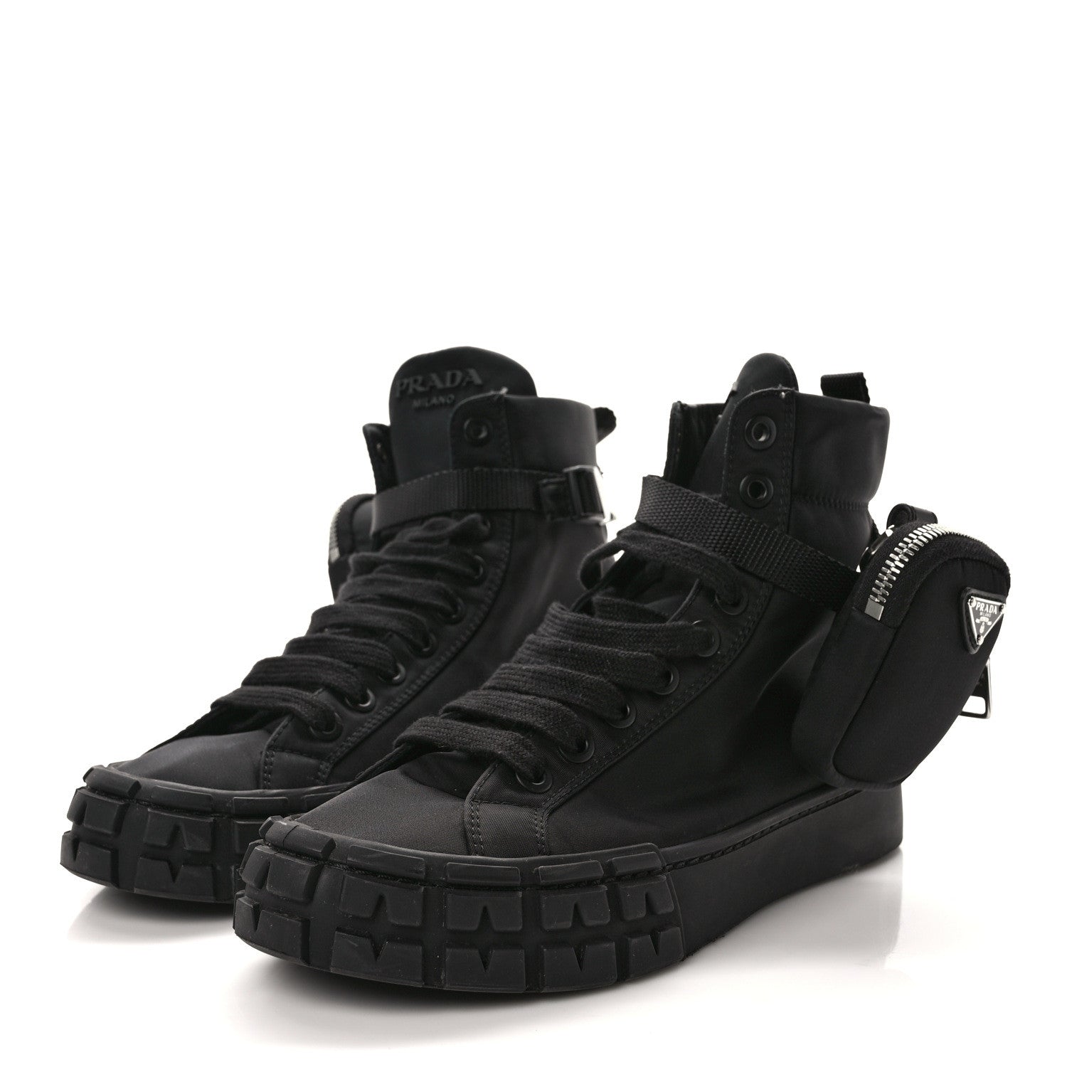 Prada Re-Nylon Gabardine Metal Triangle Logo Wheel Pouch Pocket High Top Sneakers 37.5 Black 3 of 10