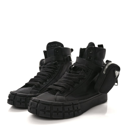 Prada Re-Nylon Gabardine Metal Triangle Logo Wheel Pouch Pocket High Top Sneakers 37.5 Black 3 of 10
