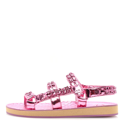 Chanel Metallic Laminated Goastkin Chain Flat Sandals 38.5 Pink 1 of 8