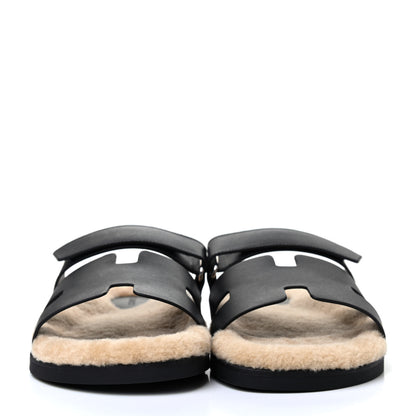 Hermes Veau Indios Woolskin Mens Chypre Sandals 43 Black Ecru 2 of 4