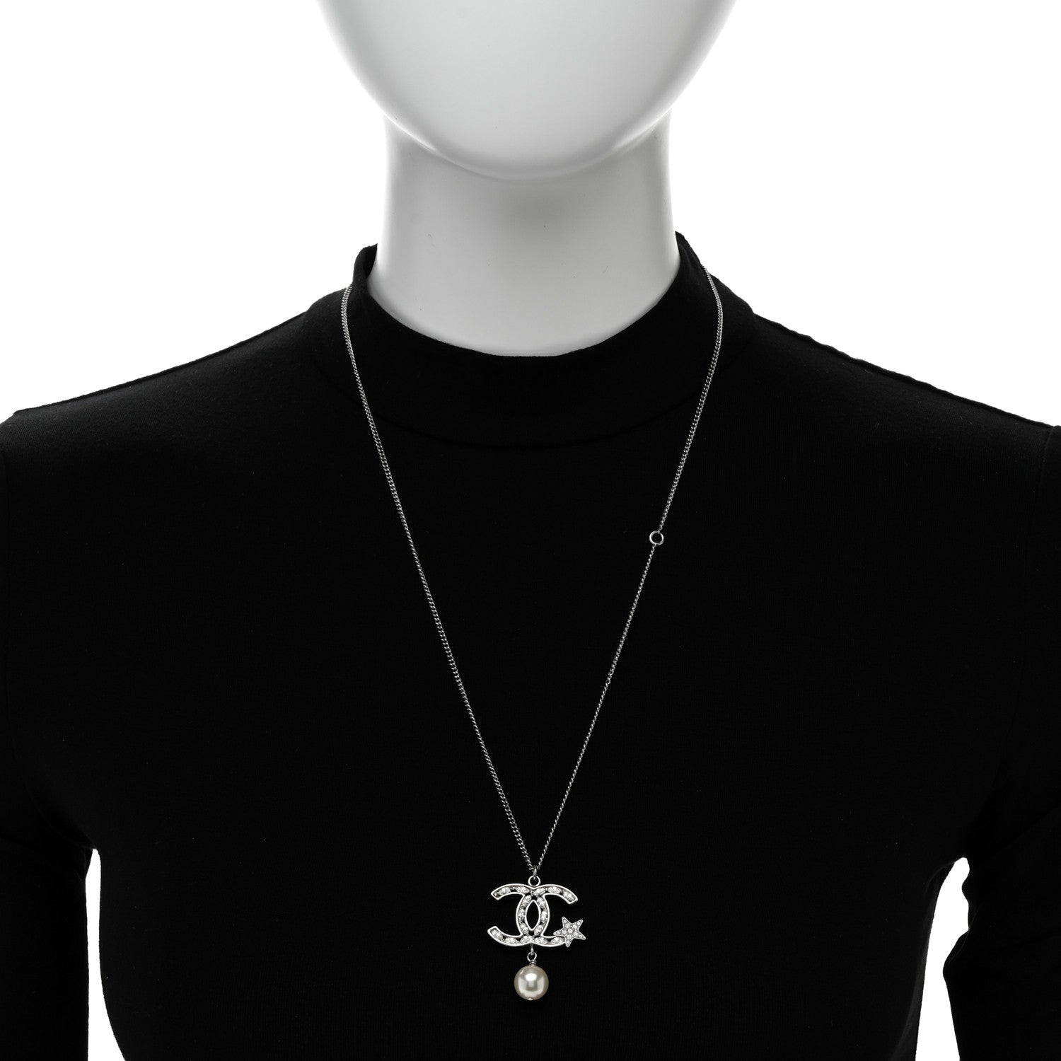 Chanel Crystal CC Star Pearl Drop Necklace Silver 2 of 6