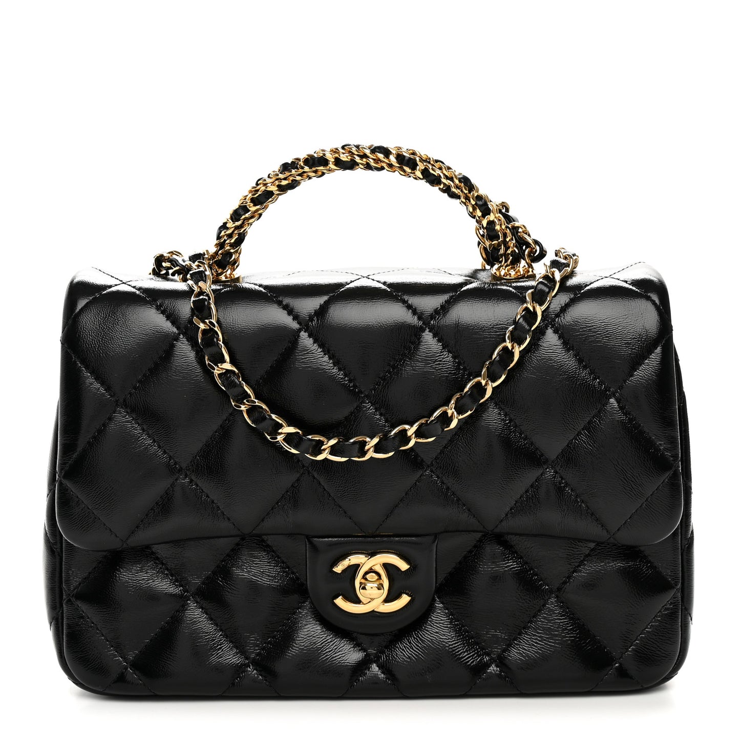 Shiny Lambskin Quilted Twisted Links Top Handle Flap Black