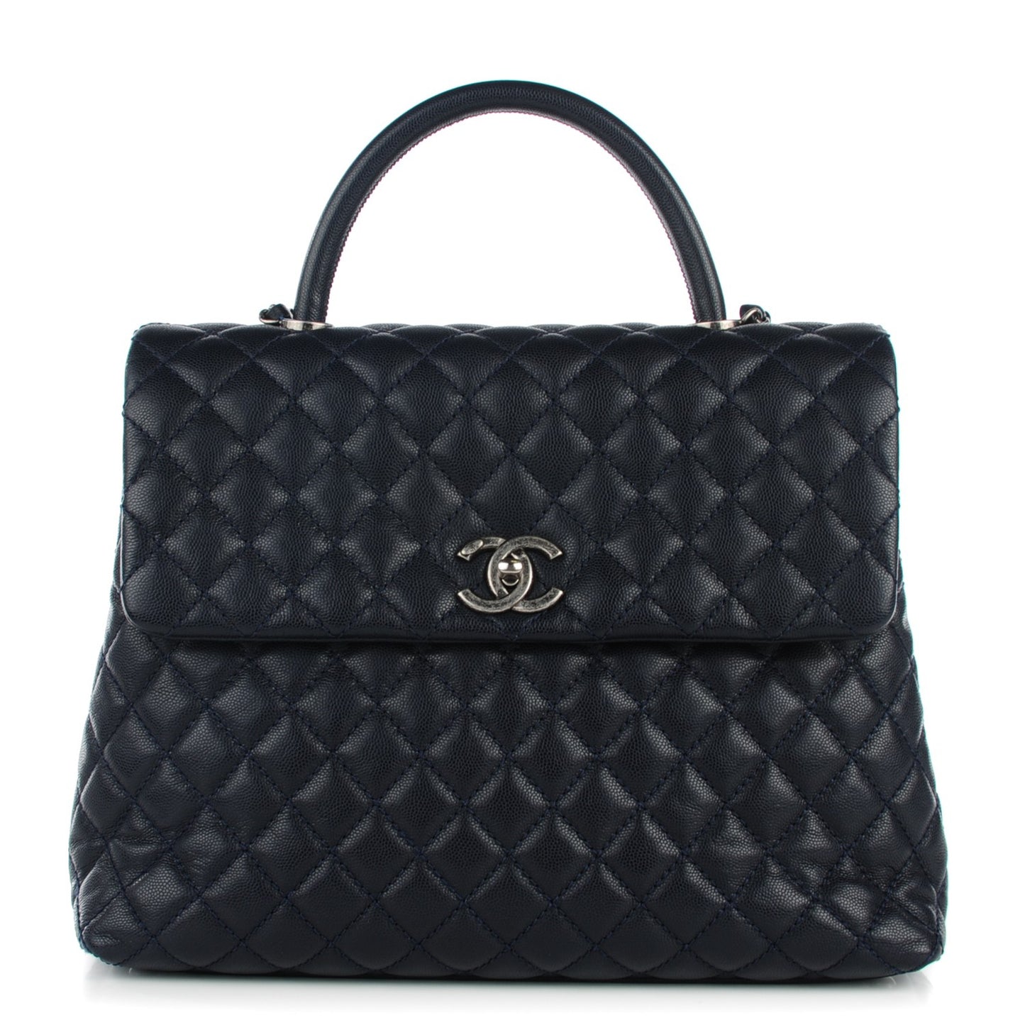 Caviar Quilted Large Coco Handle Flap Navy Blue