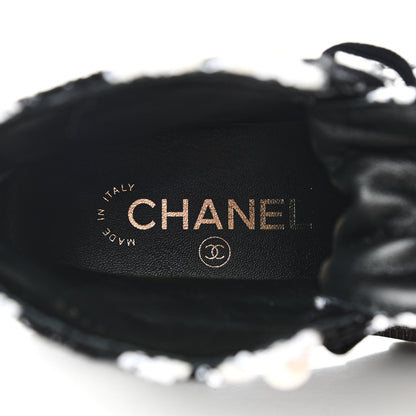 Chanel Tweed Grosgrain Pearl Combat Short Boots 37 White Black 6 of 11