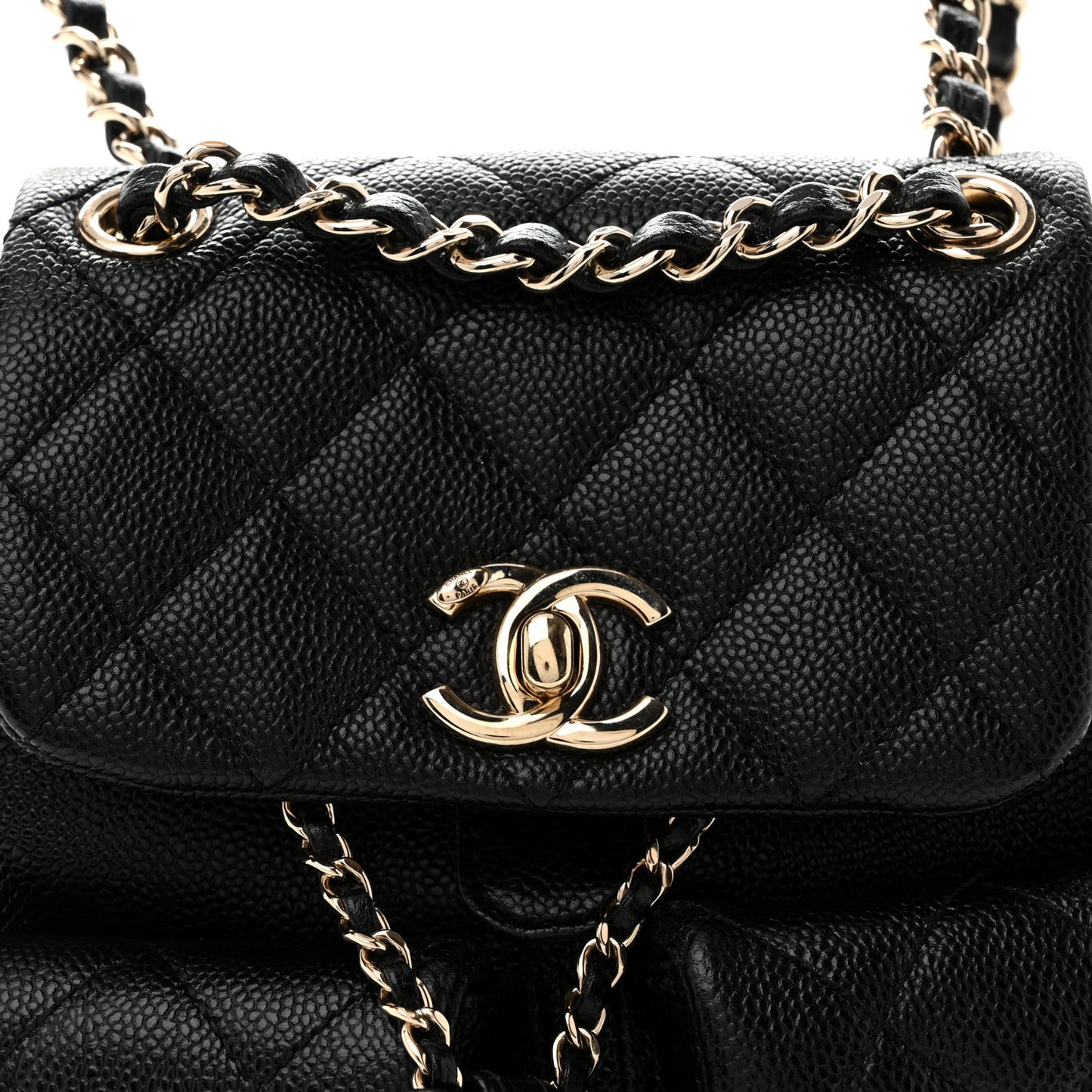 Shiny Caviar Quilted Small Duma Pockets Drawstring Backpack Black
