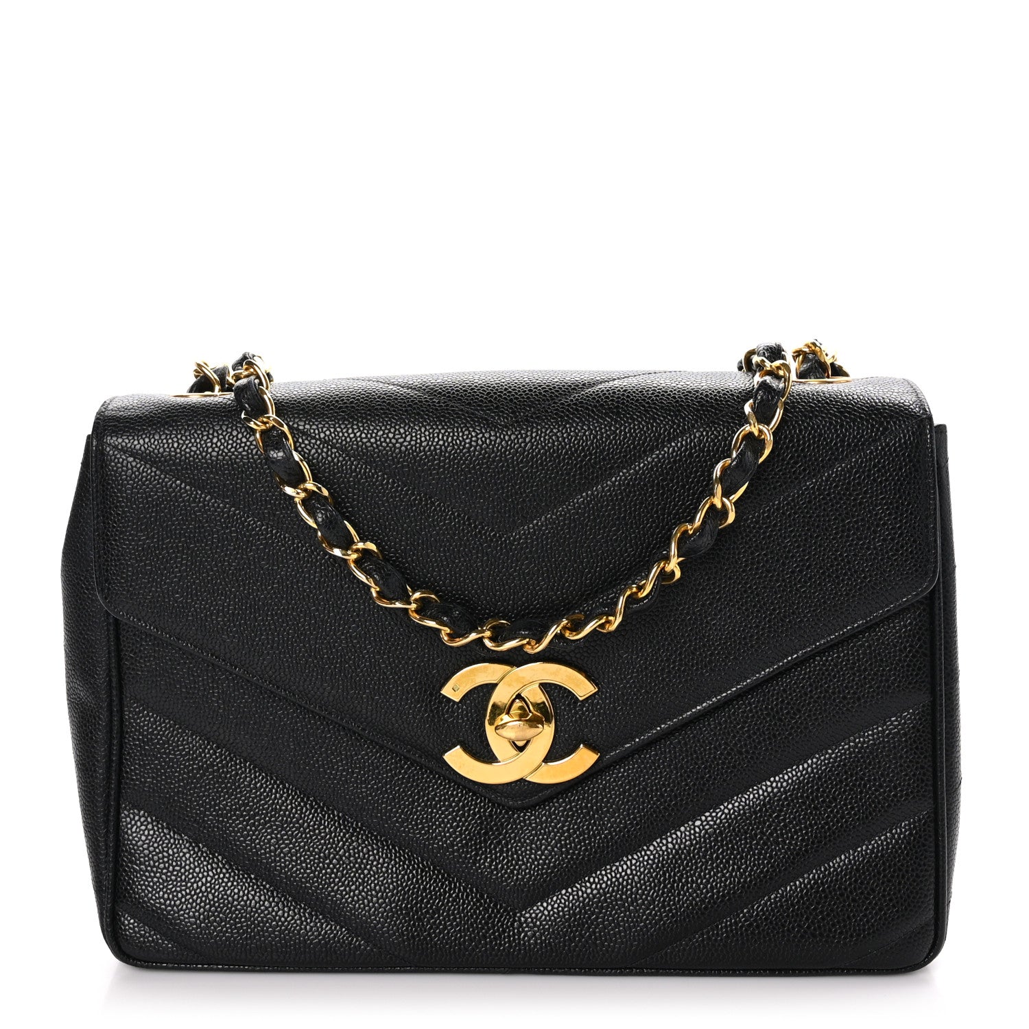 Chanel Caviar Chevron Quilted Jumbo Single Flap Black 1 of 10
