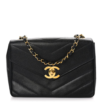 Chanel Caviar Chevron Quilted Jumbo Single Flap Black 1 of 10