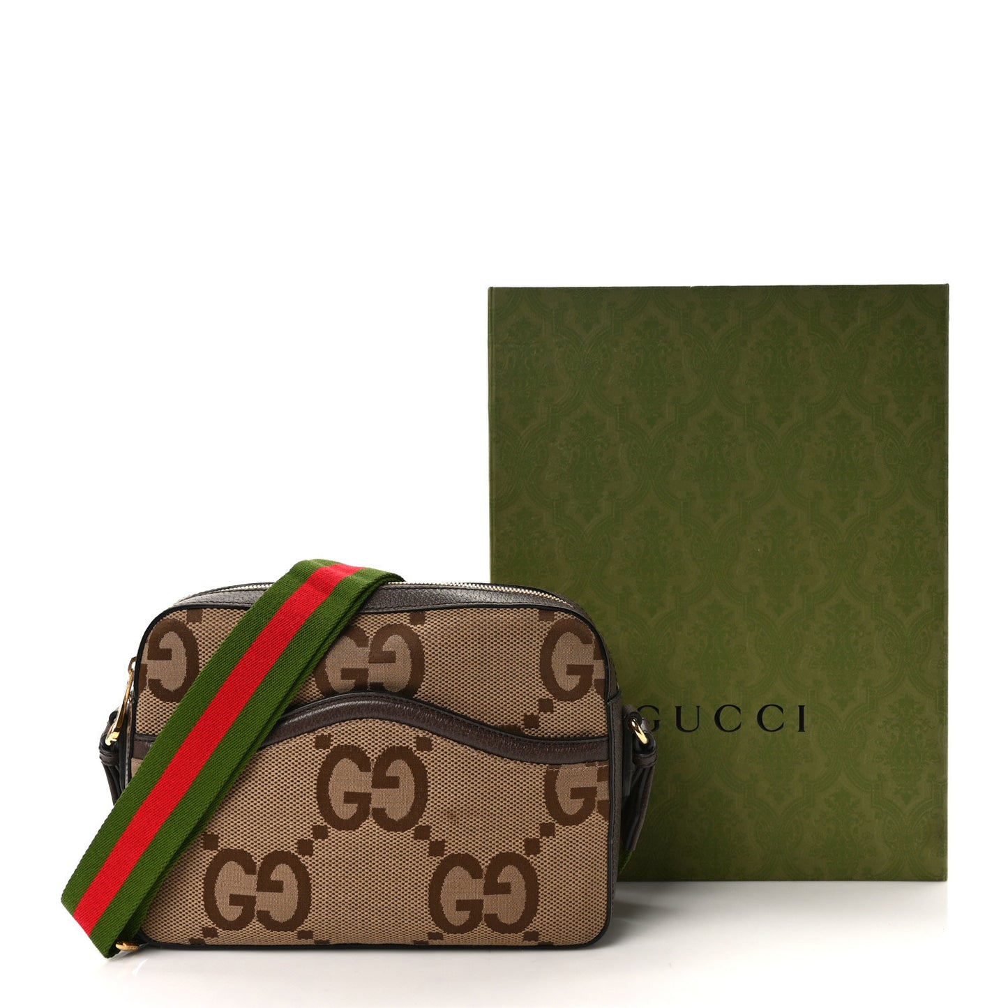 Monogram Jumbo GG Textured Dollar Calfskin Web Messenger Shoulder Bag Camel Ebony New Acero