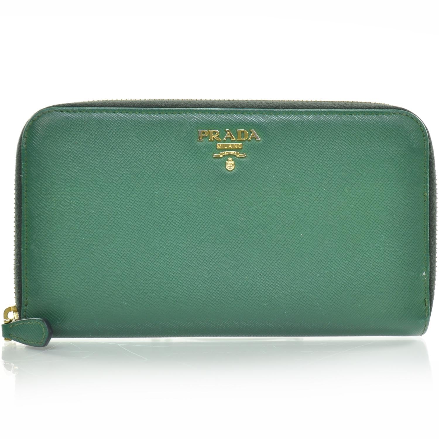 Prada Saffiano Zip Around Wallet Green 1 of 7
