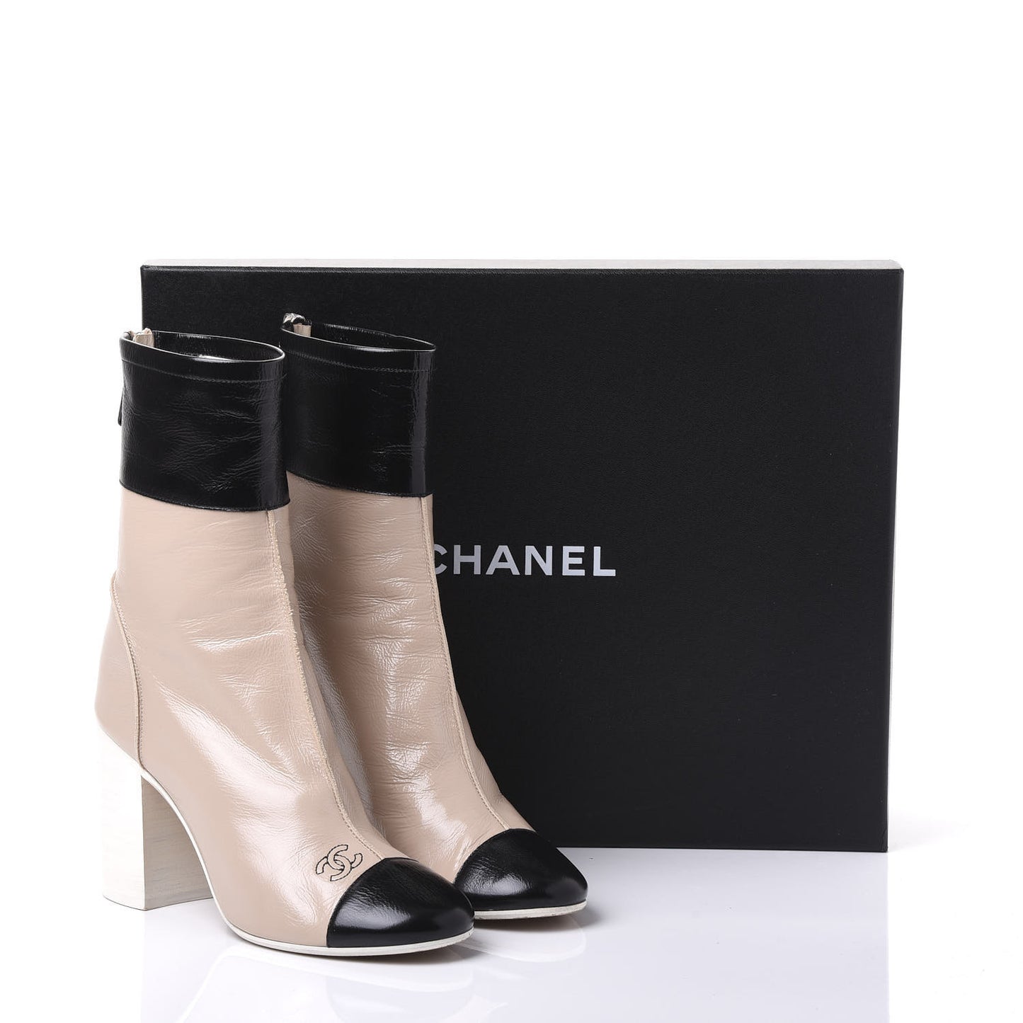 Glazed Calfskin CC Cap Toe Short Boots 38 Beige Black