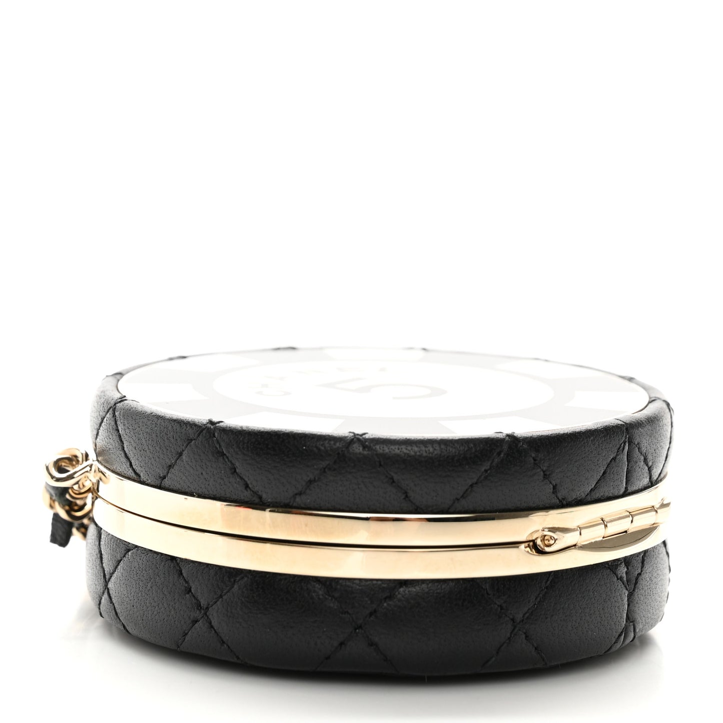 Lambskin Enamel Quilted Round Poker Chip Clutch With Chain Black White
