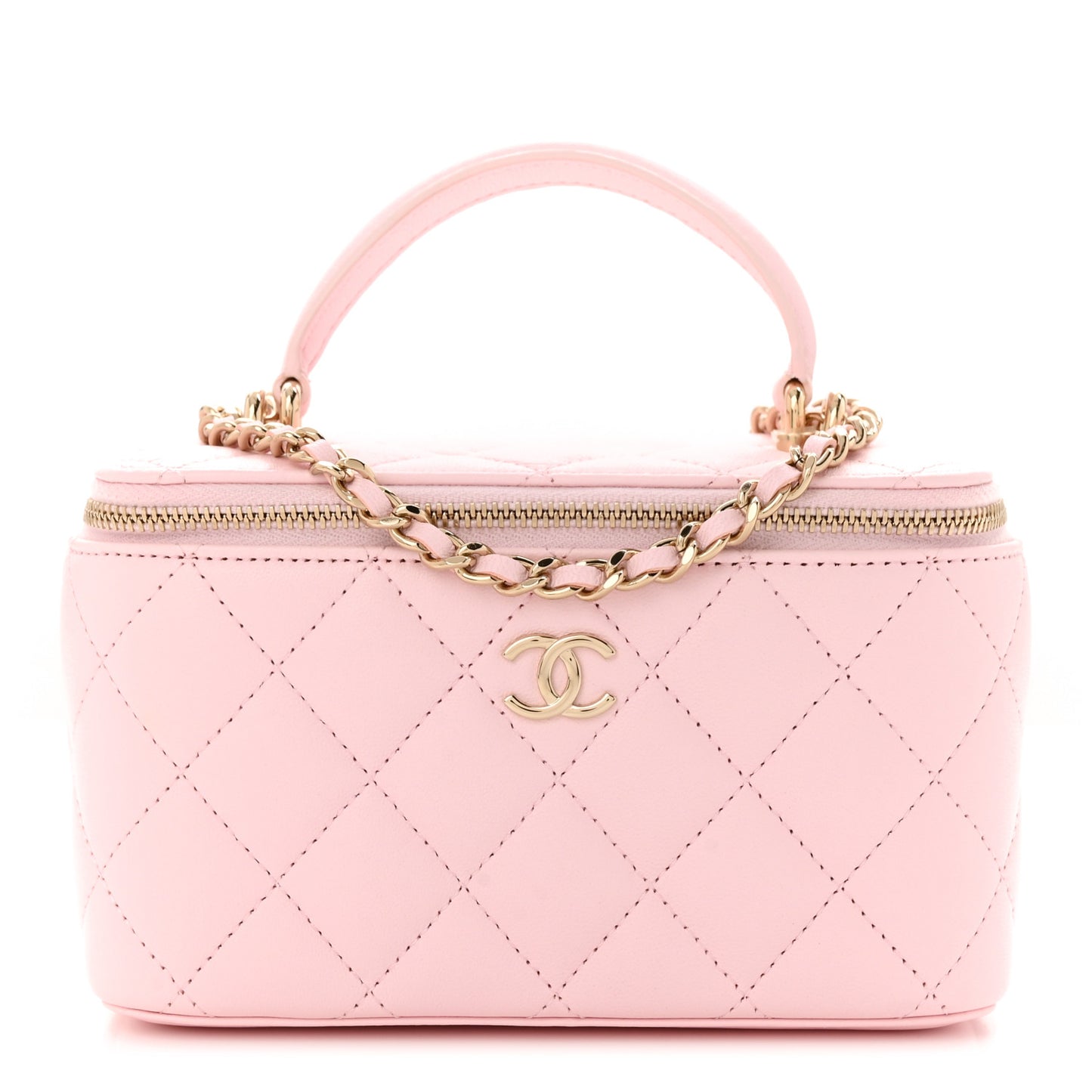 Lambskin Quilted Small Top Handle Vanity Case With Chain Light Pink