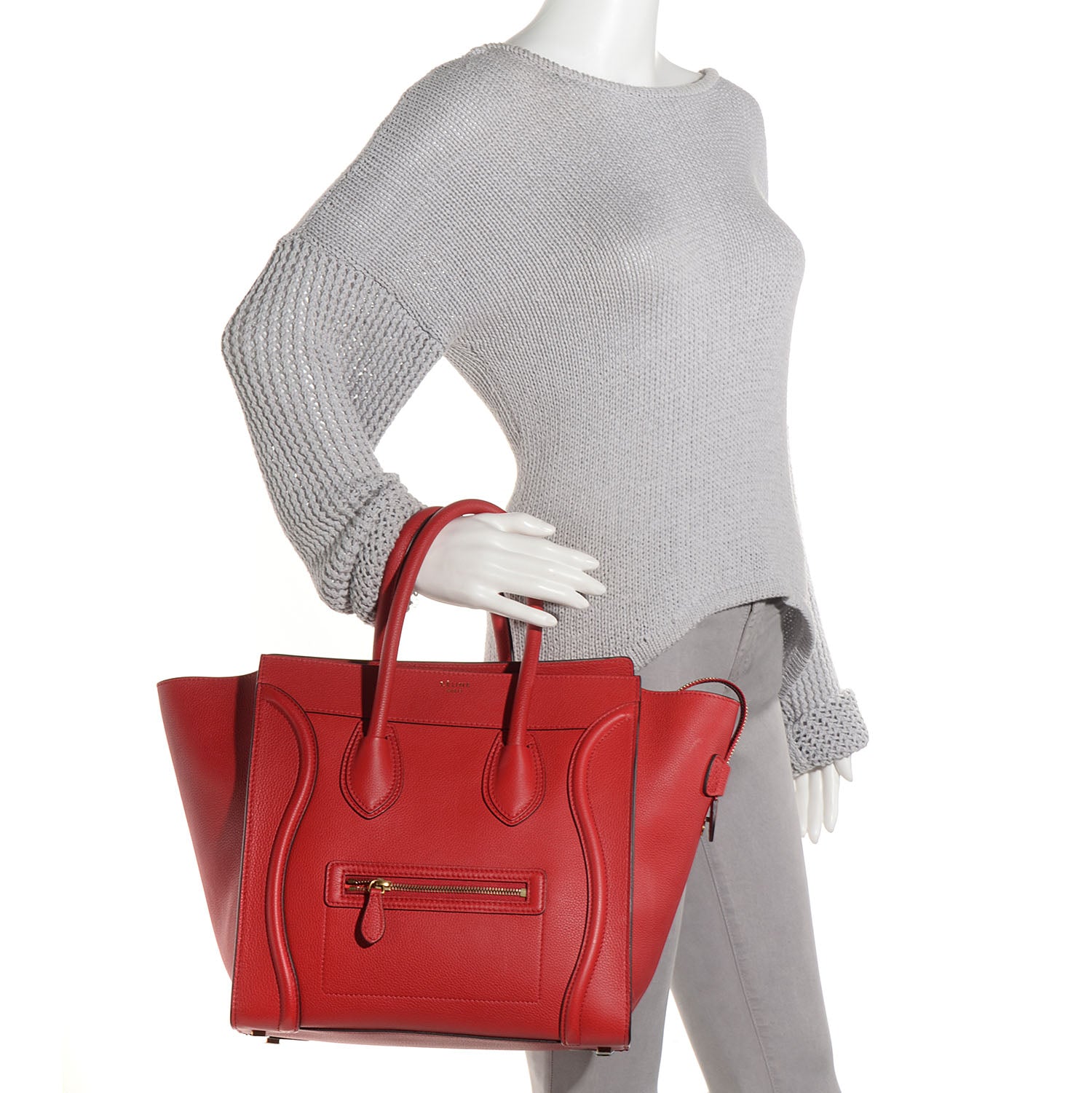 Celine Drummed Calfskin Mini Luggage Vermillion 2 of 9