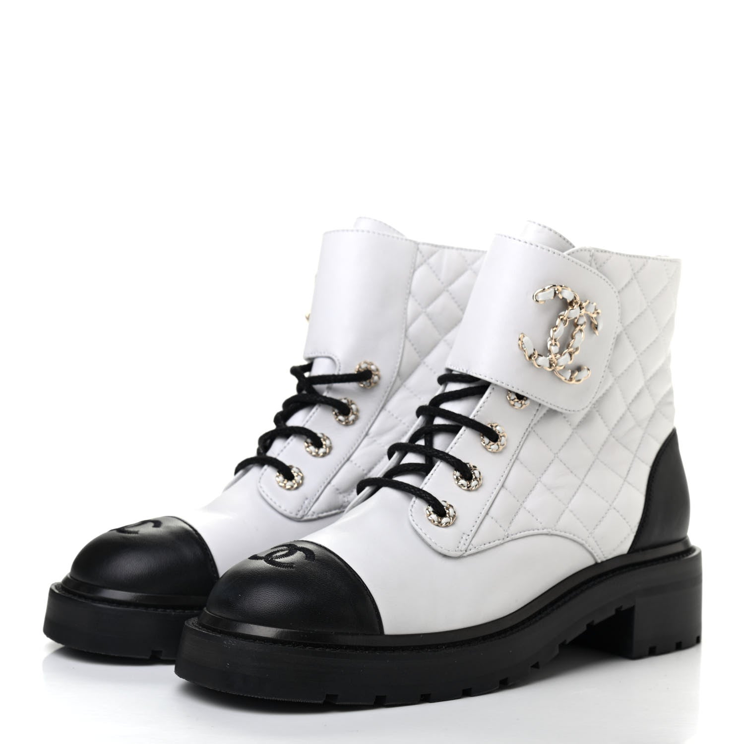 Chanel Shiny Lambskin Quilted Lace Up Combat Boots 40 White Black 3 of 7