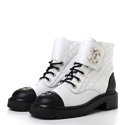 Chanel Shiny Lambskin Quilted Lace Up Combat Boots 40 White Black 3 of 7
