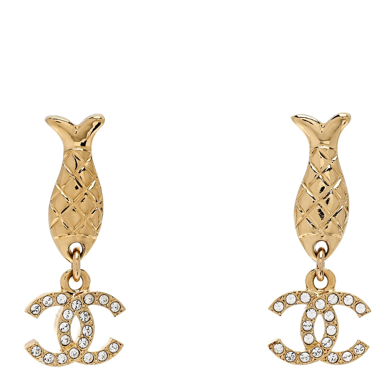 Chanel Metal Crystal CC Fish Drop Earrings Gold 1 of 5