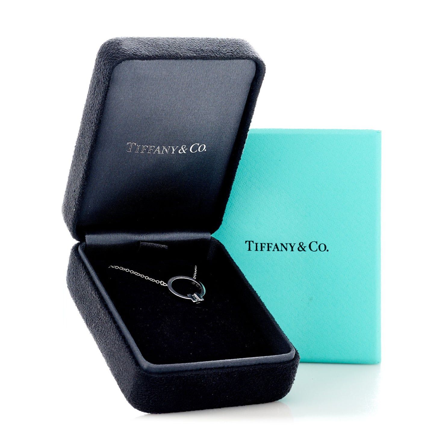 18K White Gold Diamond Tiffany T Baguette Pendant Necklace