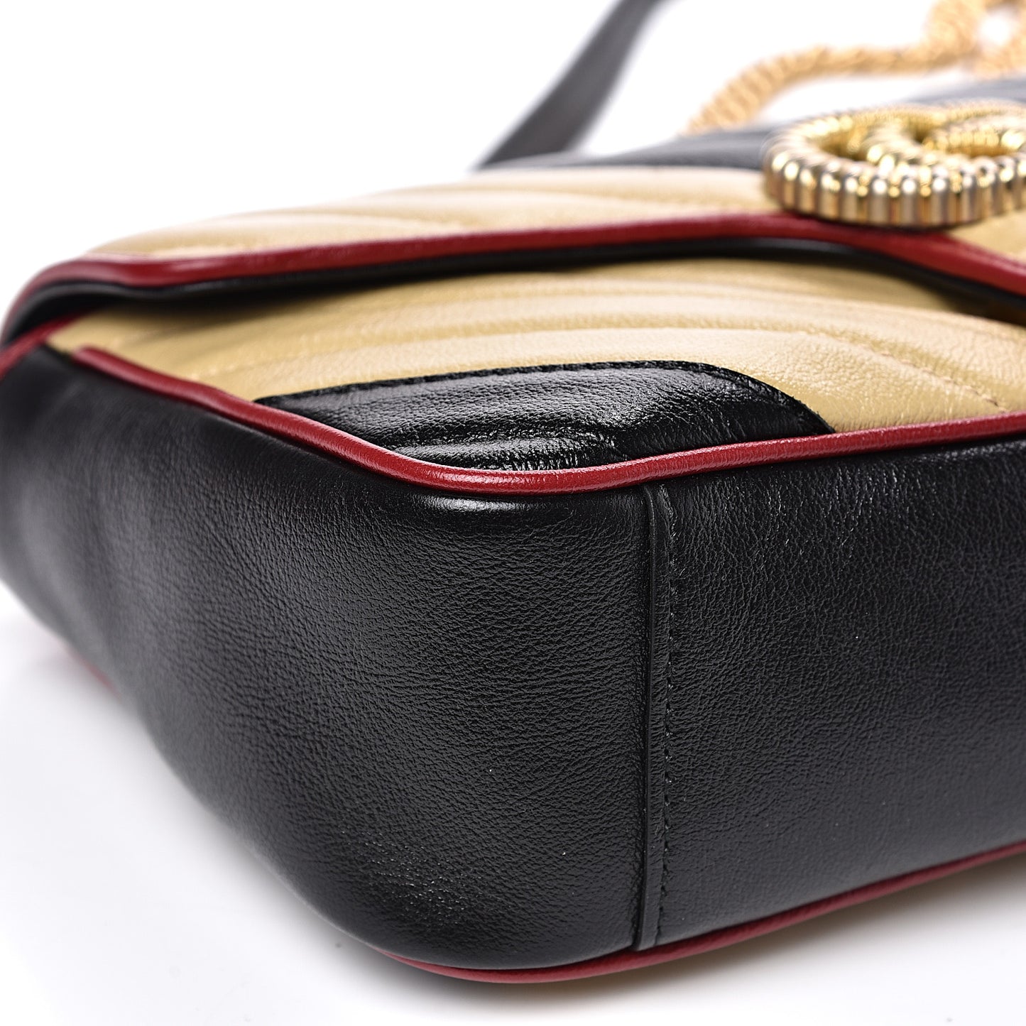 Vintage Effect Calfskin Matelasse Diagonal Striped Small Torchon GG Marmont Shoulder Bag Black Beige