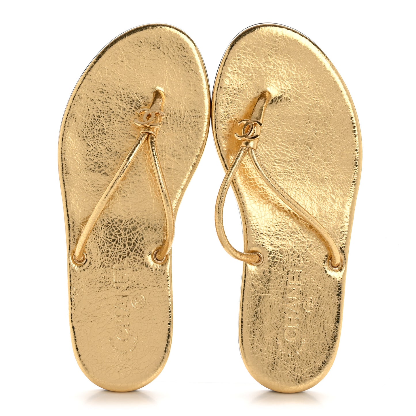 Crackled Laminated Calfskin Thong Flat Sandals 38.5 Gold