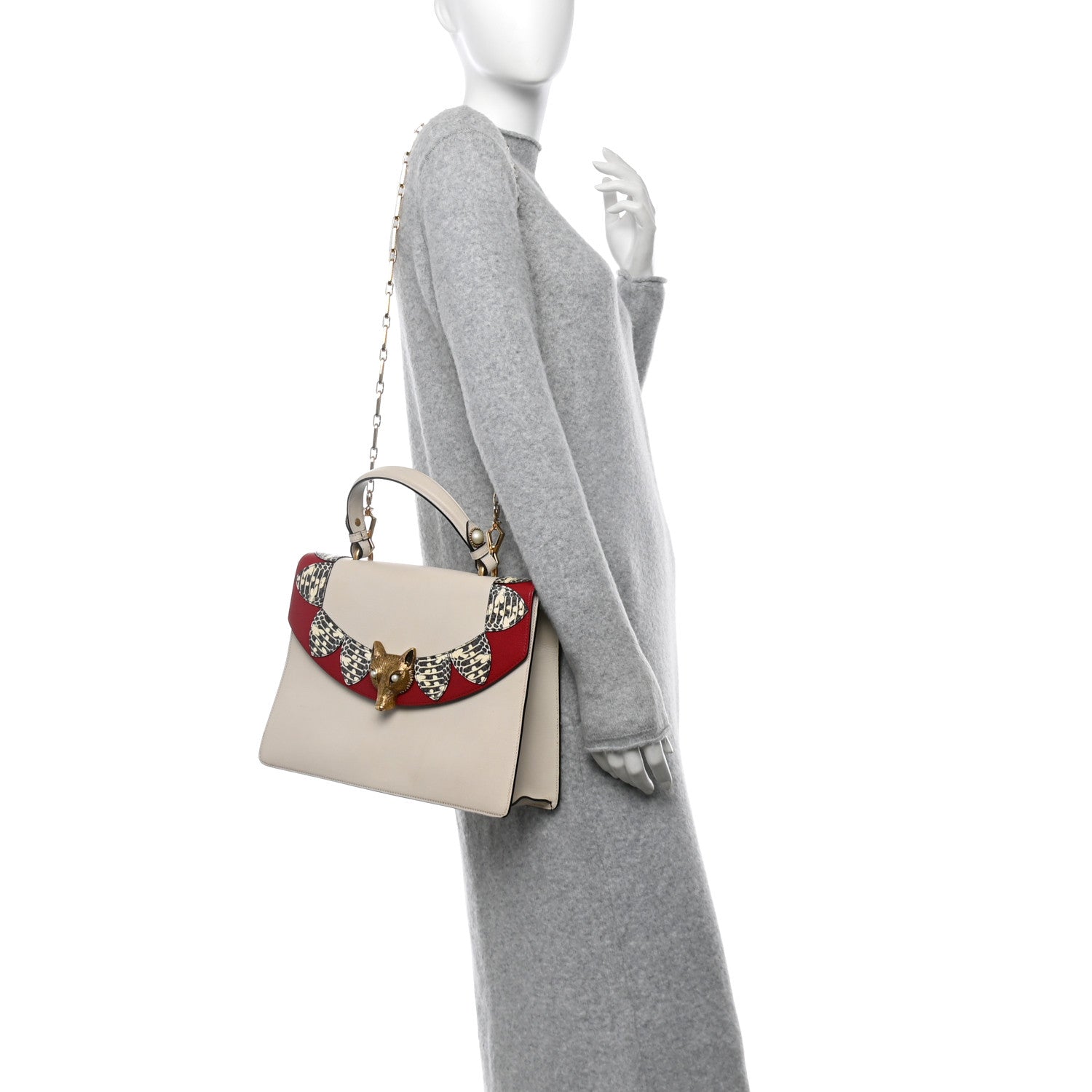 Gucci Goatskin Elaphe Pearl Medium Fox Broche Top Handle Bag Hibiscus Red Mystic White 2 of 12