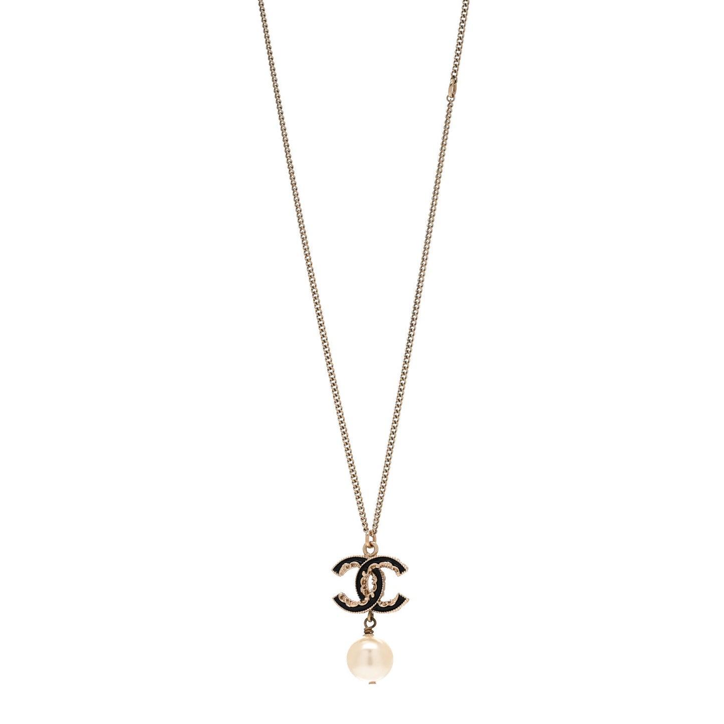 Enamel Pearl CC Baroque Drop Necklace Black Gold