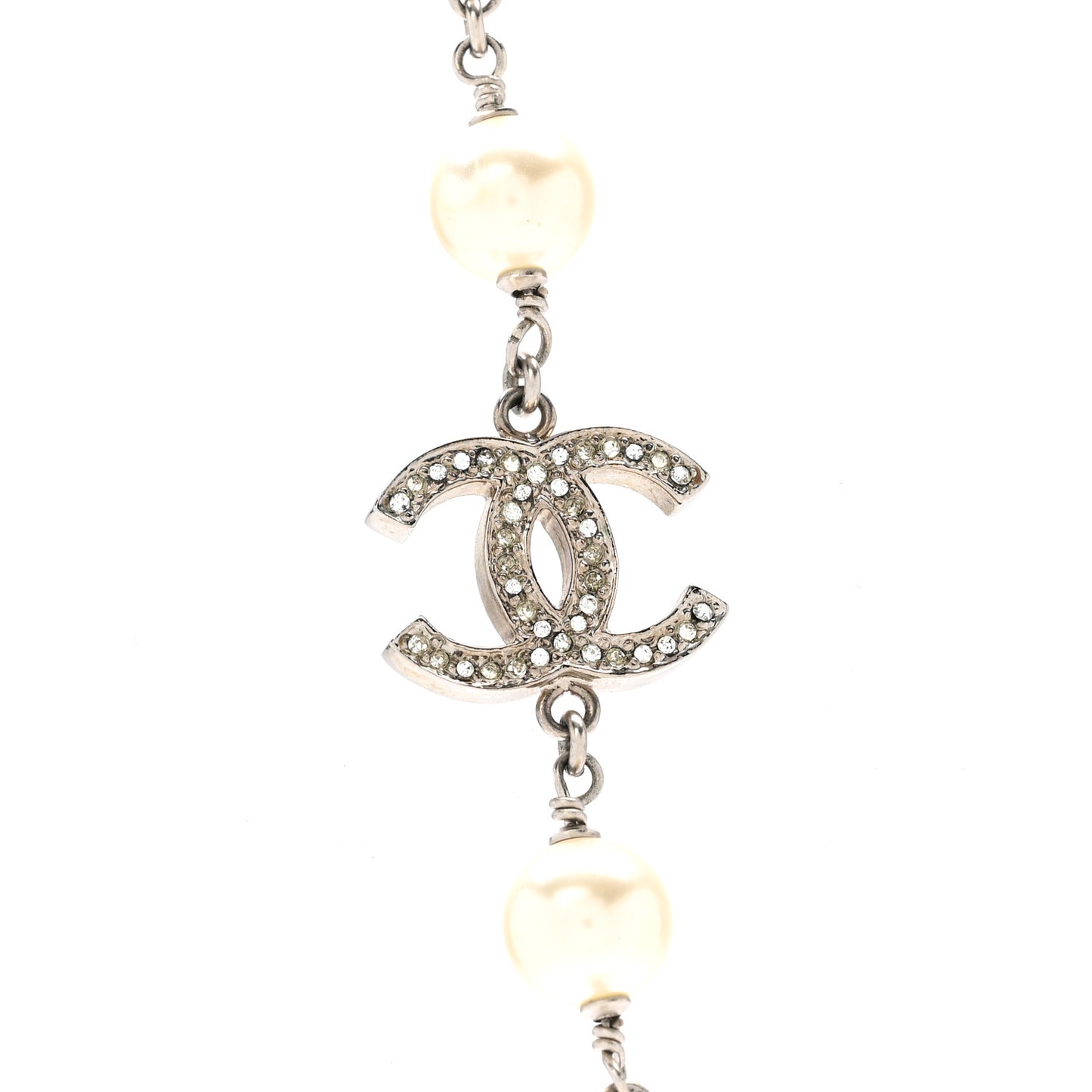 Crystal Pearl CC Long Necklace Silver