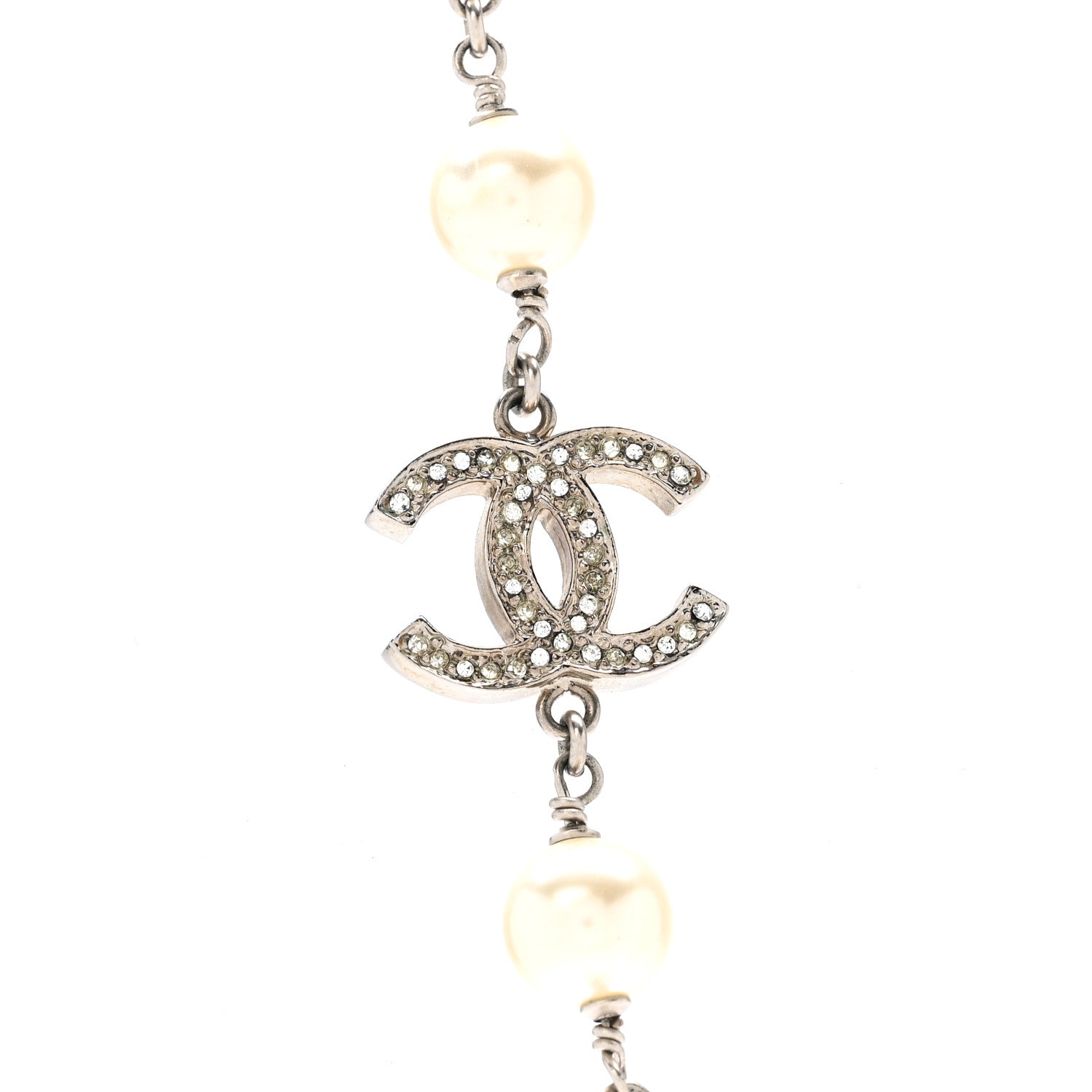 Chanel Crystal Pearl CC Long Necklace Silver 4 of 8