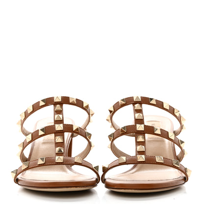 Valentino Garavani Calfskin Nappa Rockstud 60mm Caged Slide Sandals 37 Tobacco 2 of 9