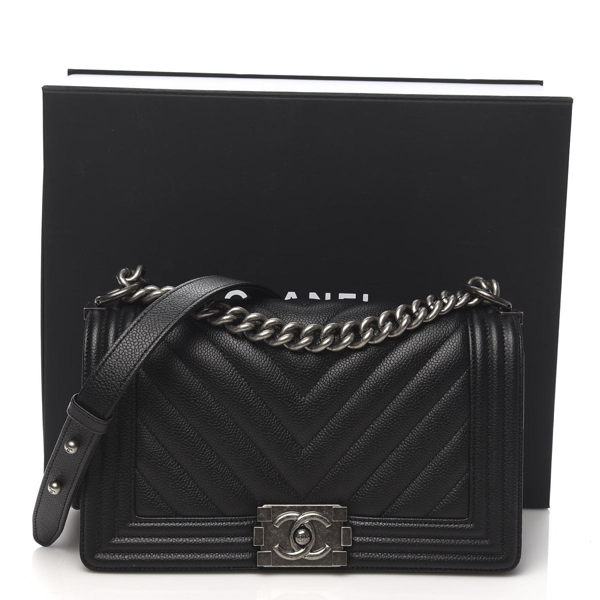 Chanel Caviar Chevron Quilted Medium Boy Flap Black 12 of 12