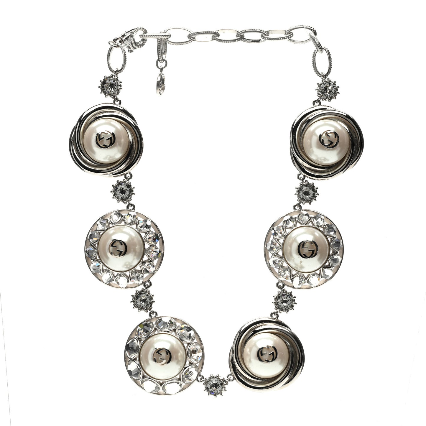 Pearl Strass Resin Embellished Double G Necklace Silver