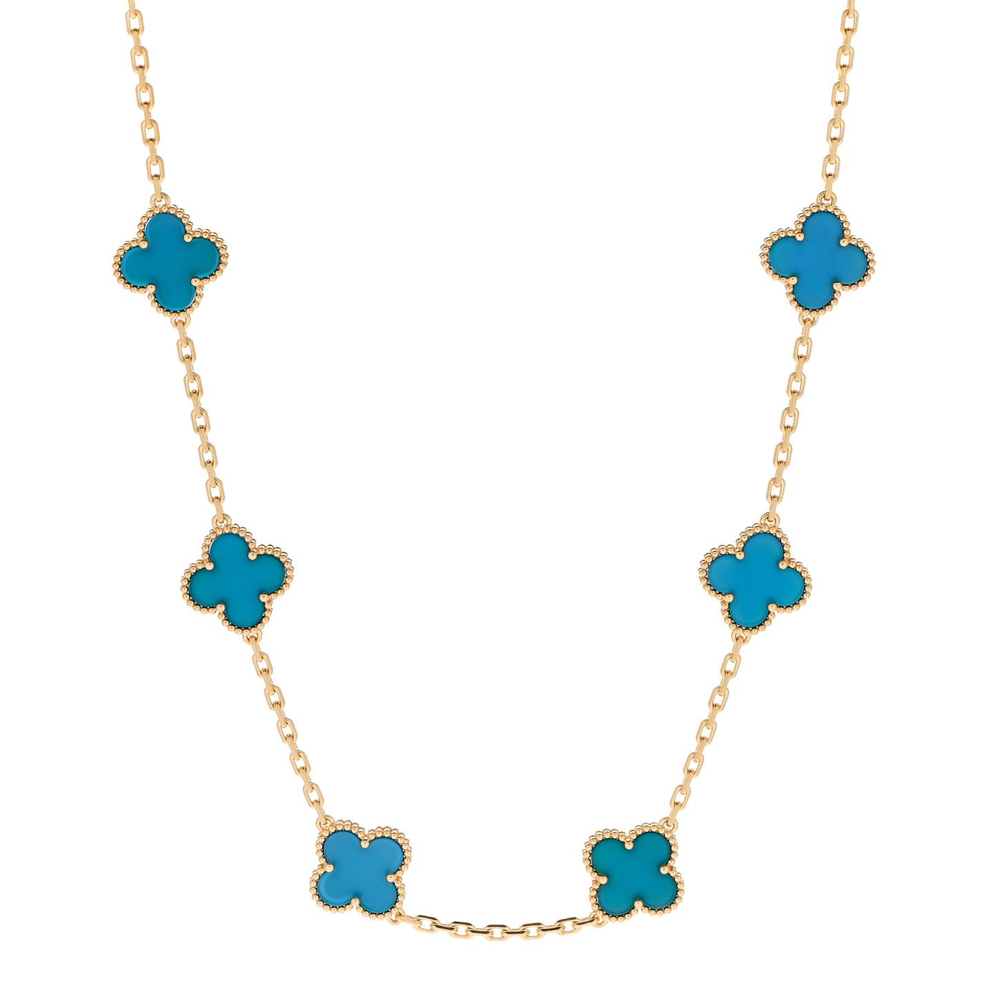 18K Yellow Gold Blue Agate 10 Motifs Vintage Alhambra Necklace
