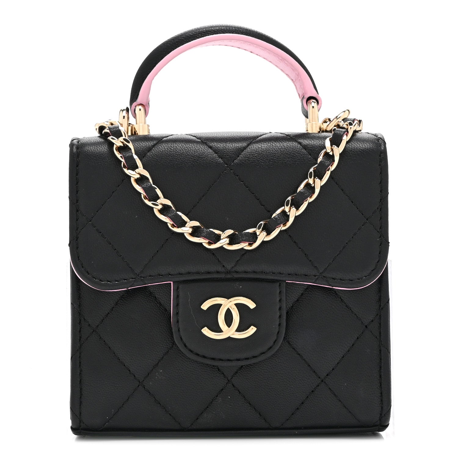 Chanel Lambskin Quilted Bi-Color Top Handle Clutch With Chain Black Pink 1 of 11