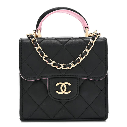 Chanel Lambskin Quilted Bi-Color Top Handle Clutch With Chain Black Pink 1 of 11