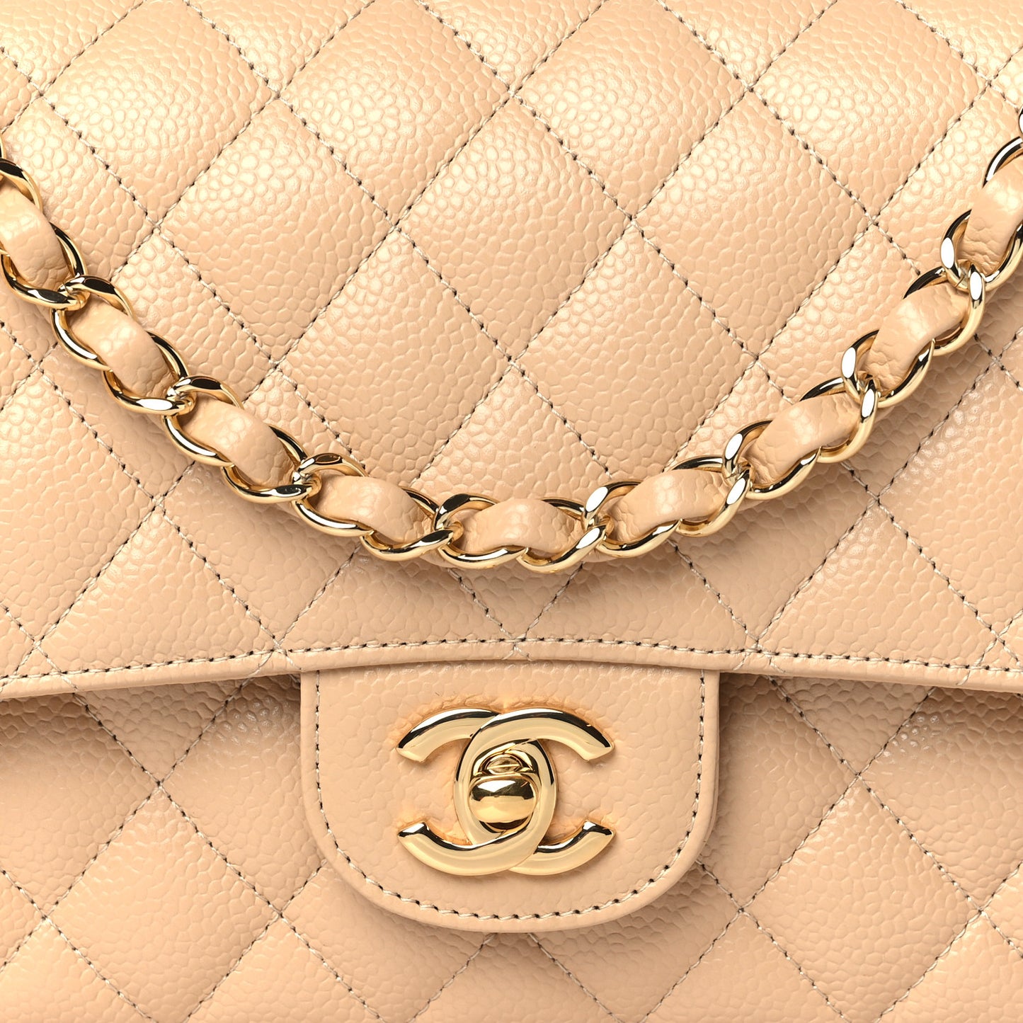 Caviar Quilted Medium Double Flap Beige